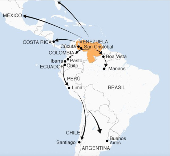 Ruta de la migración venezolana. 