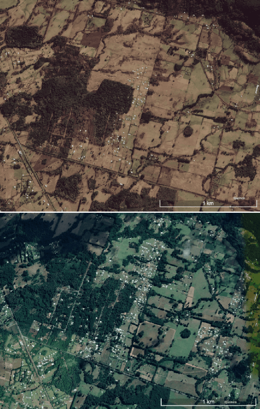 Imágenes satelitales de Sector Cudico - Challupen, camino Villarrica - Lican Ray, km 18 - 19. 2010 (Arriba), 2023 (Abajo).