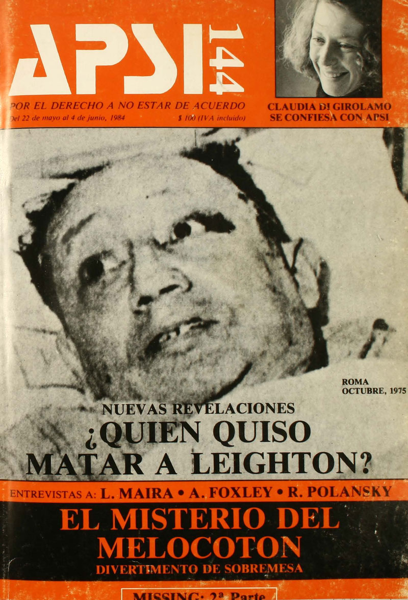 evista Apsi: el número 144 de la revista salió publicado el 22 de mayo de 1984, y en su portada titula: “¿Quién quiso matar a Leighton? Nuevas revelaciones”